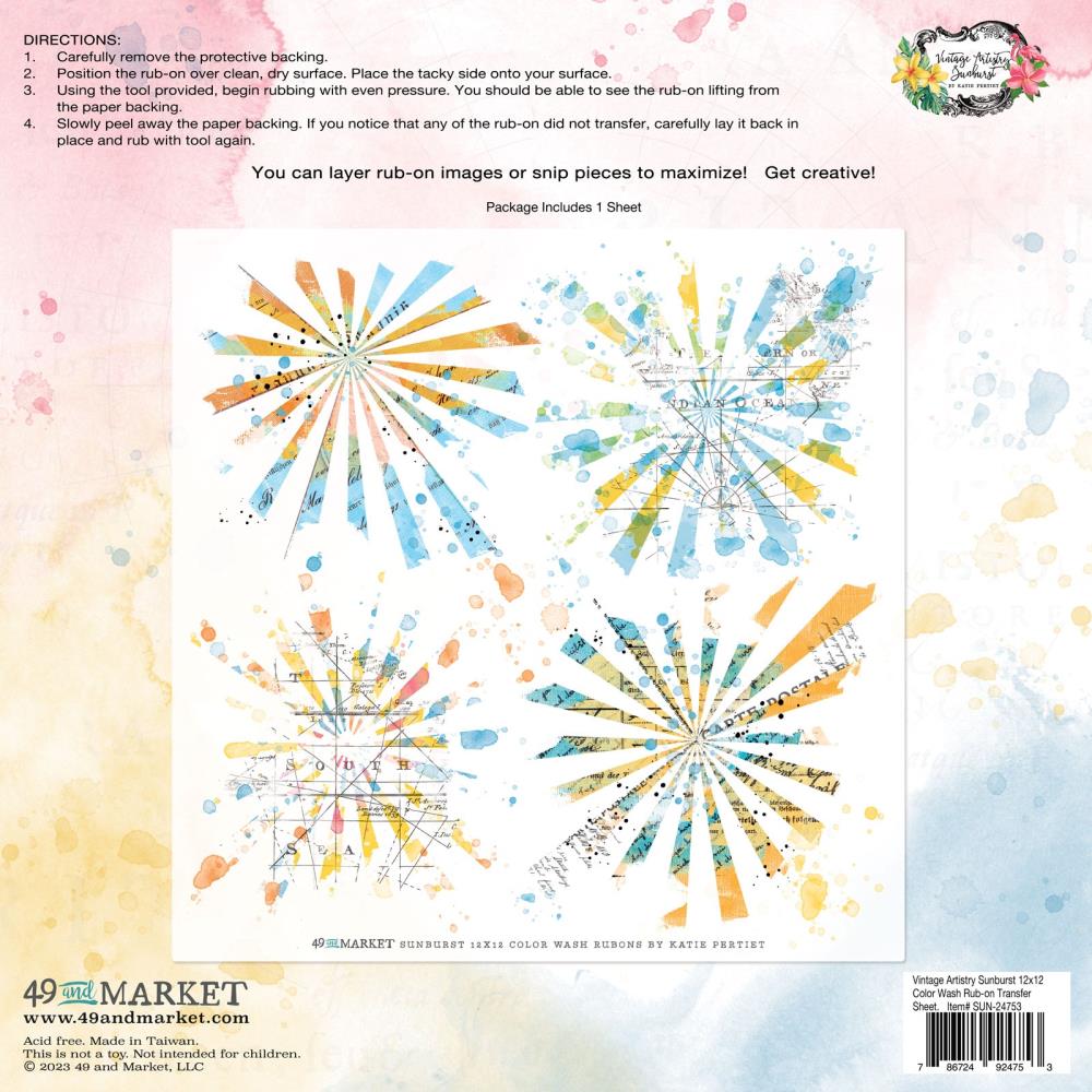 49 And Market - 12x12 Vintage Artistry Sunburst Colour Wash Rub-on Transfer Sheet
