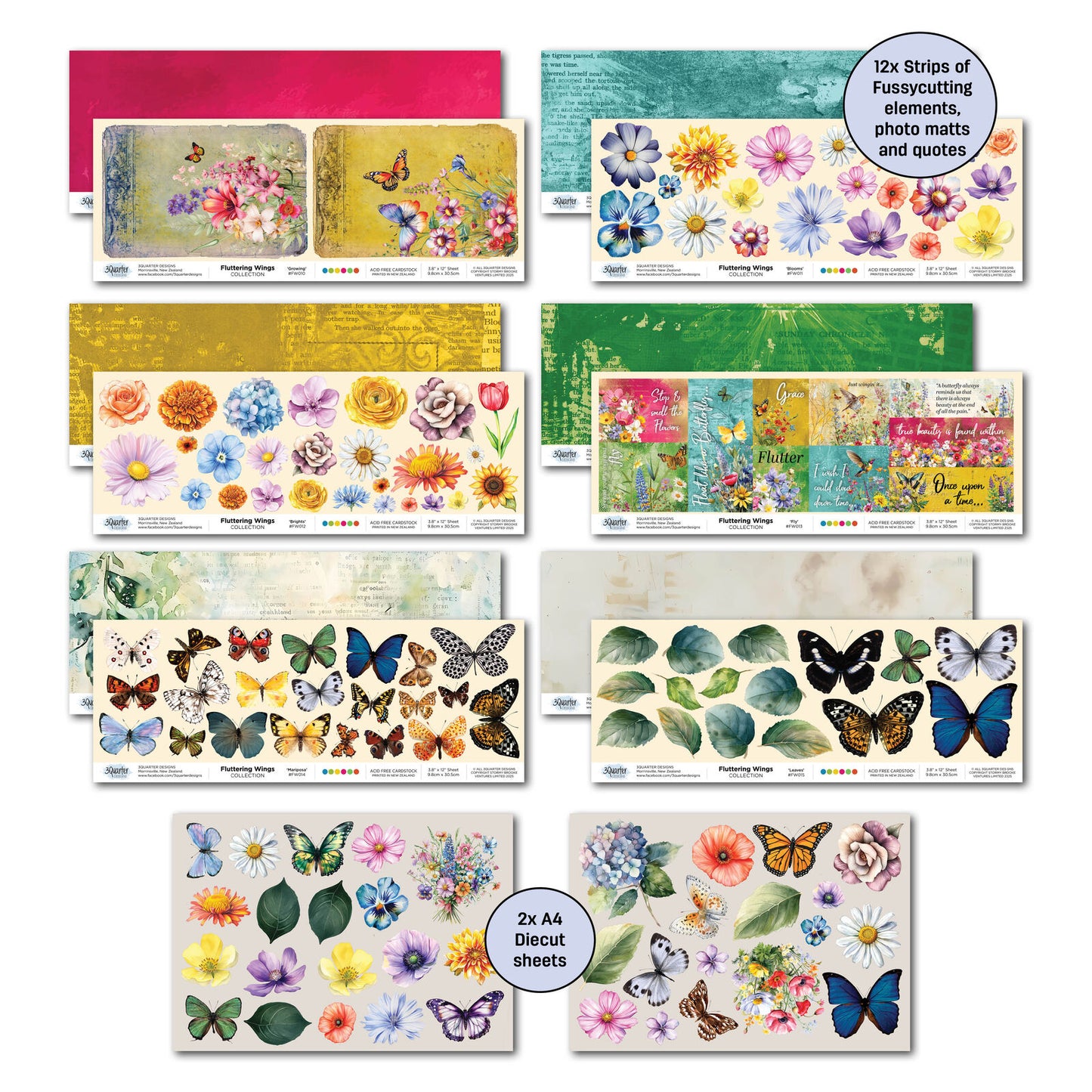 3 Quarter Designs -Fluttering Wings Collection Designer Paper & Diecuts Set