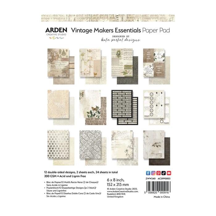 Arden Creative - Vintage Makers Essentials 6" x 8'' Paper Pad