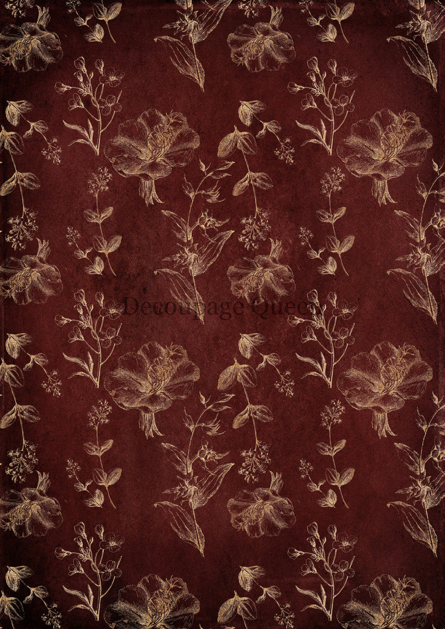 Decoupage Queen Rice Paper - A4 Sheet - Red and Gold Floral
