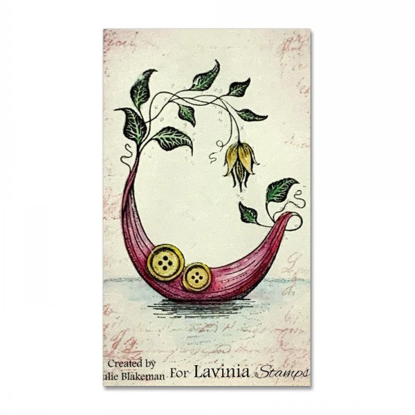 A single stamp featuring an illustration of a beautifully crafted fairy boat. The Fantasea boat has button details on its side and a Bell Flower Vine sail. Stamp size: 7cm x 5cm LAV721