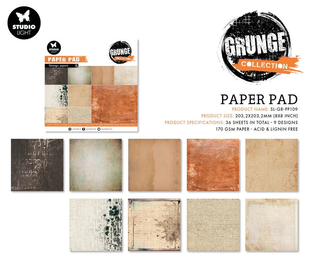 Studio Light Grunge Collection Mixed Paper Pad - Vintage Papers 8 x 8