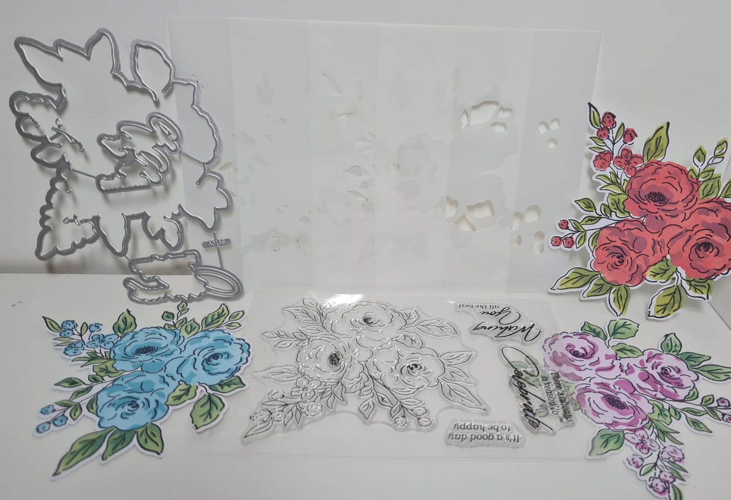 Acrylic Stamp, Die & Stencil Set - Bouquet Sentiments