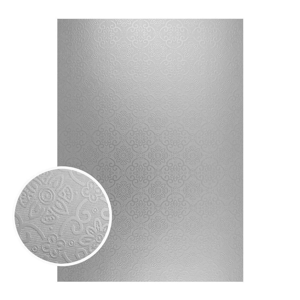A4 Metallic Card Silver Damask (10 Pack) 10Cats