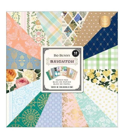 BoBunny - Brighton Collection 12 x 12 Paper Pad - 48 Sheets Bonus 40pc Embellishment pack, 50pc sticker Pack & 50pc Washi sticker pad