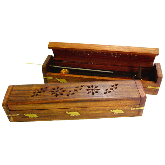 Incense & Cone Holder - Carved Wooden Box 10 Inch