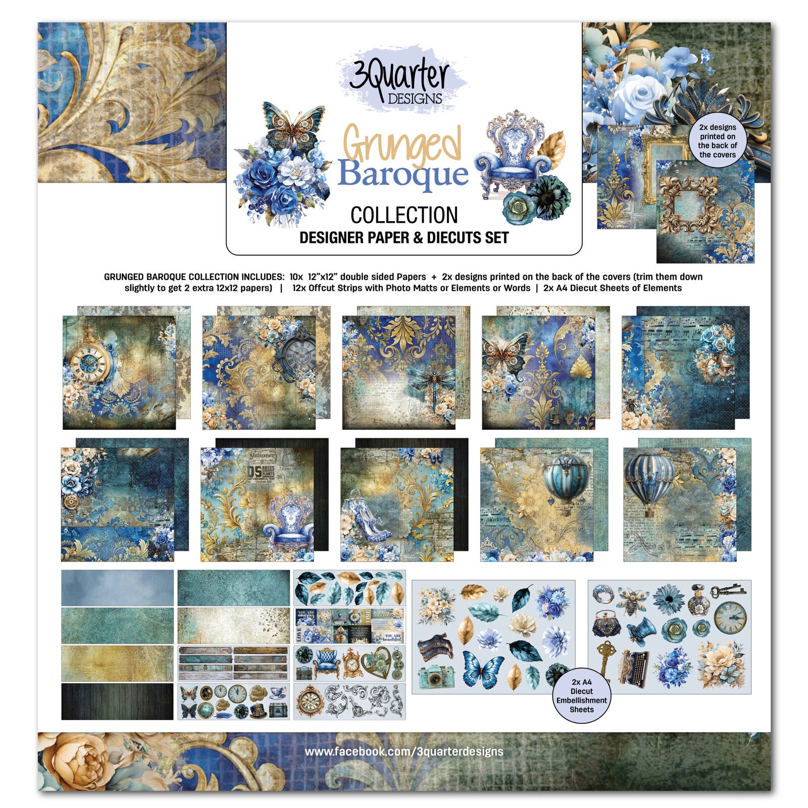 3 Quarter Designs -Grunged Baroque Collection Designer Paper & Diecuts Set