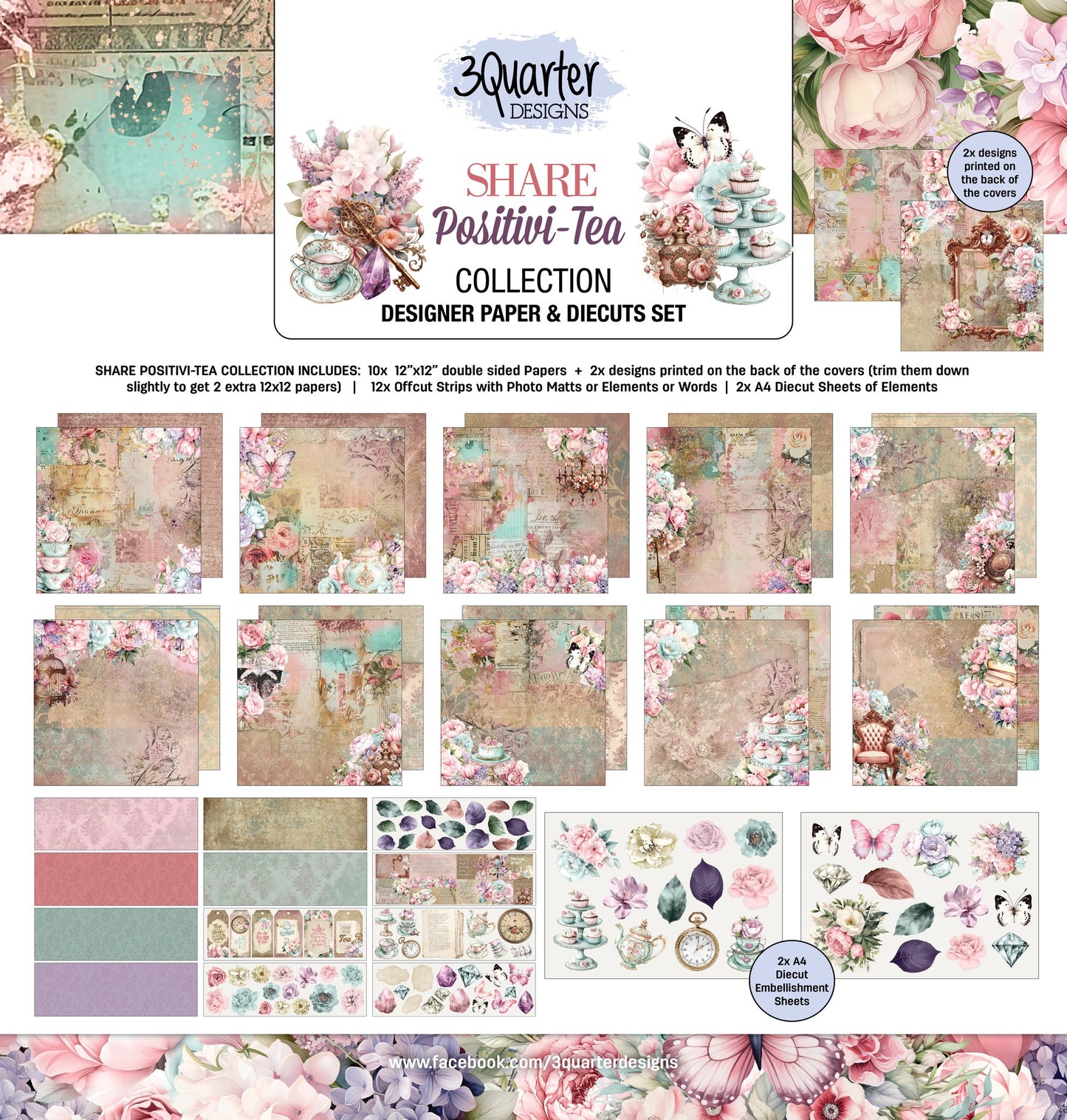 3 Quarter Designs - Share Positivi-Tea Collection Designer Paper & Diecuts Set