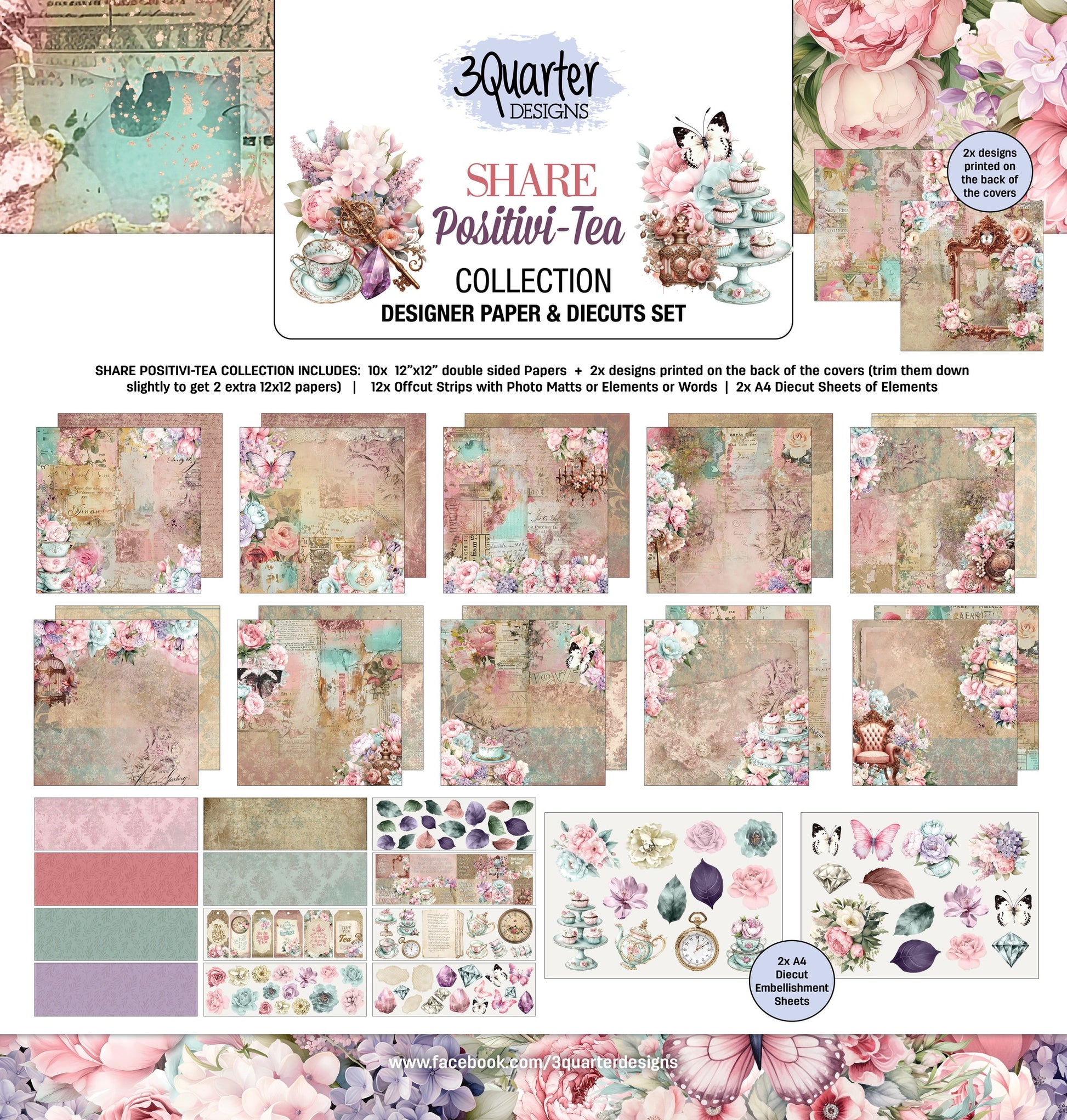 3 Quarter Designs - Share Positivi-Tea Collection Designer Paper & Diecuts Set