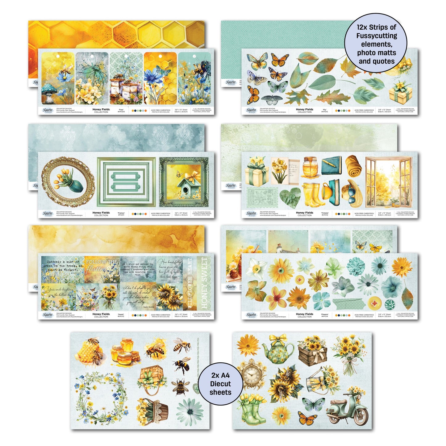 3 Quarter Designs -Honey Fields Collection Designer Paper & Diecuts Set