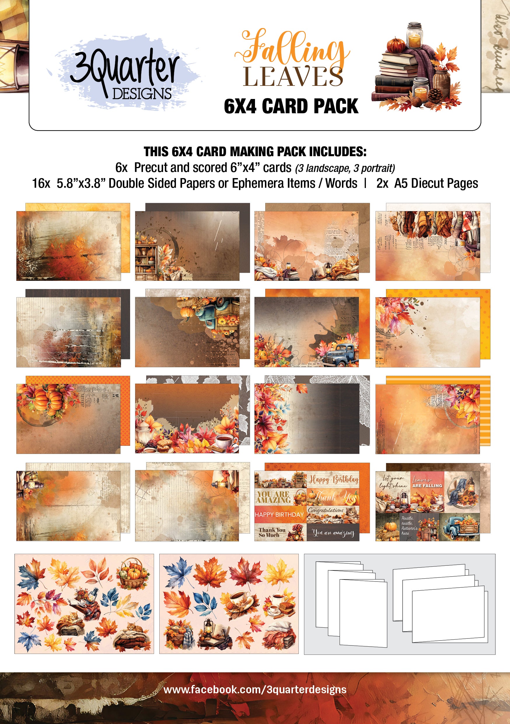 3 Quarter Designs -Falling Leaves 6x4 Card Pack