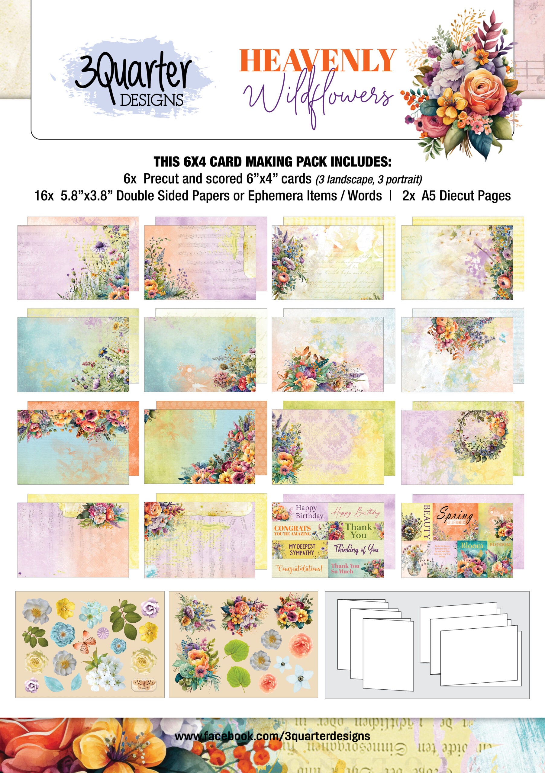 3 Quarter Designs -Heavenly Wildflowers 6x4 Card Pack