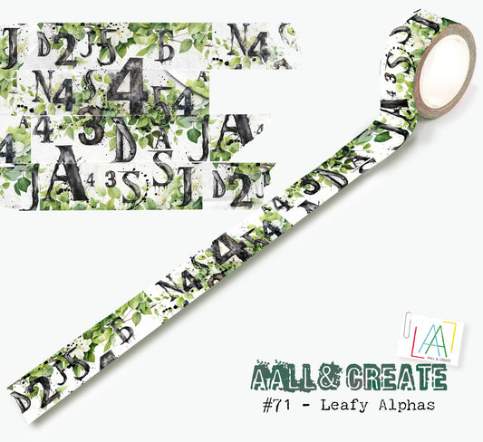 #71 - Leafy Alphas  Unroll a masterpiece just from this Washi tape!   Industry-leading 40cm of pattern before repeating.  Width 25mm, length 10m.
