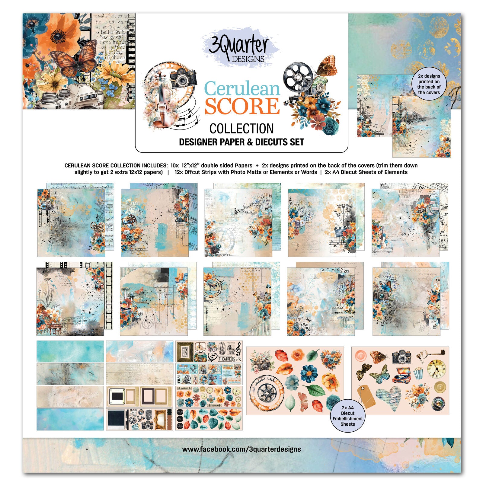 3 Quarter Designs - Cerulean Score Collection Designer Paper & Diecuts Set