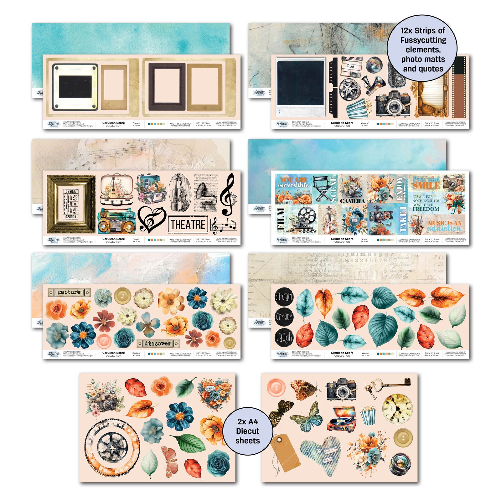 3 Quarter Designs - Cerulean Score Collection Designer Paper & Diecuts Set
