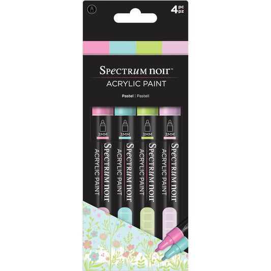 These premium acrylic paint markers offer rich, opaque coverage on a wide range of surfaces. Perfect for creative hobbies, customization projects and general decor. These markers are water-soluble, 3mm fine tip, certified non-toxic. Package contains four Spectrum Noir Acrylic Spectrum Noir - Acrylic Paint Markers - Pastel