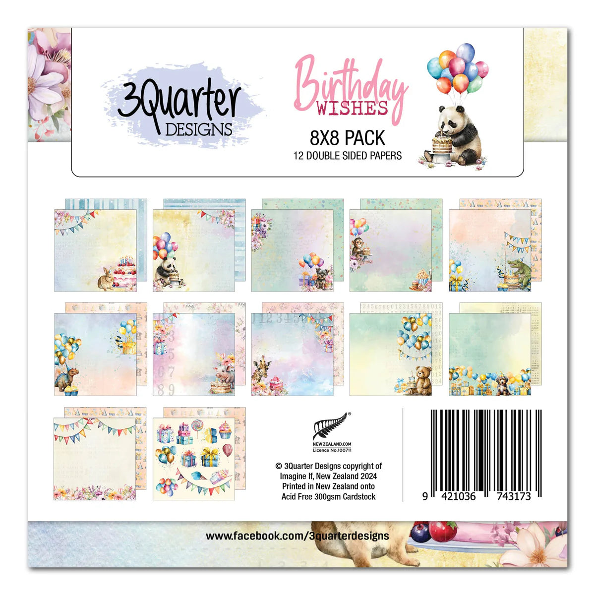 3 Quarter Designs -Birthday Wishes Pack Papers 8"x 8"