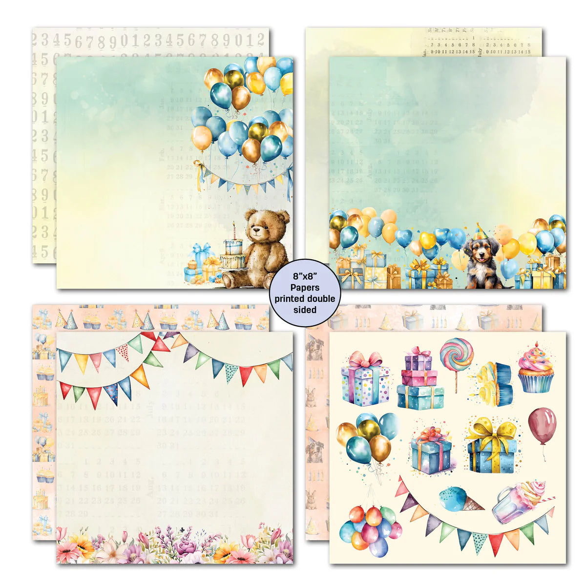 3 Quarter Designs -Birthday Wishes Pack Papers 8"x 8"