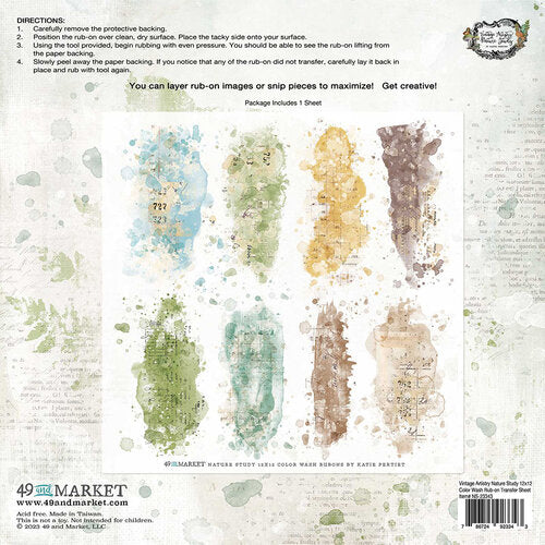 49 And Market - 12x12 Vintage Artistry Natures Study Colour Wash Rub-on Transfer Sheet