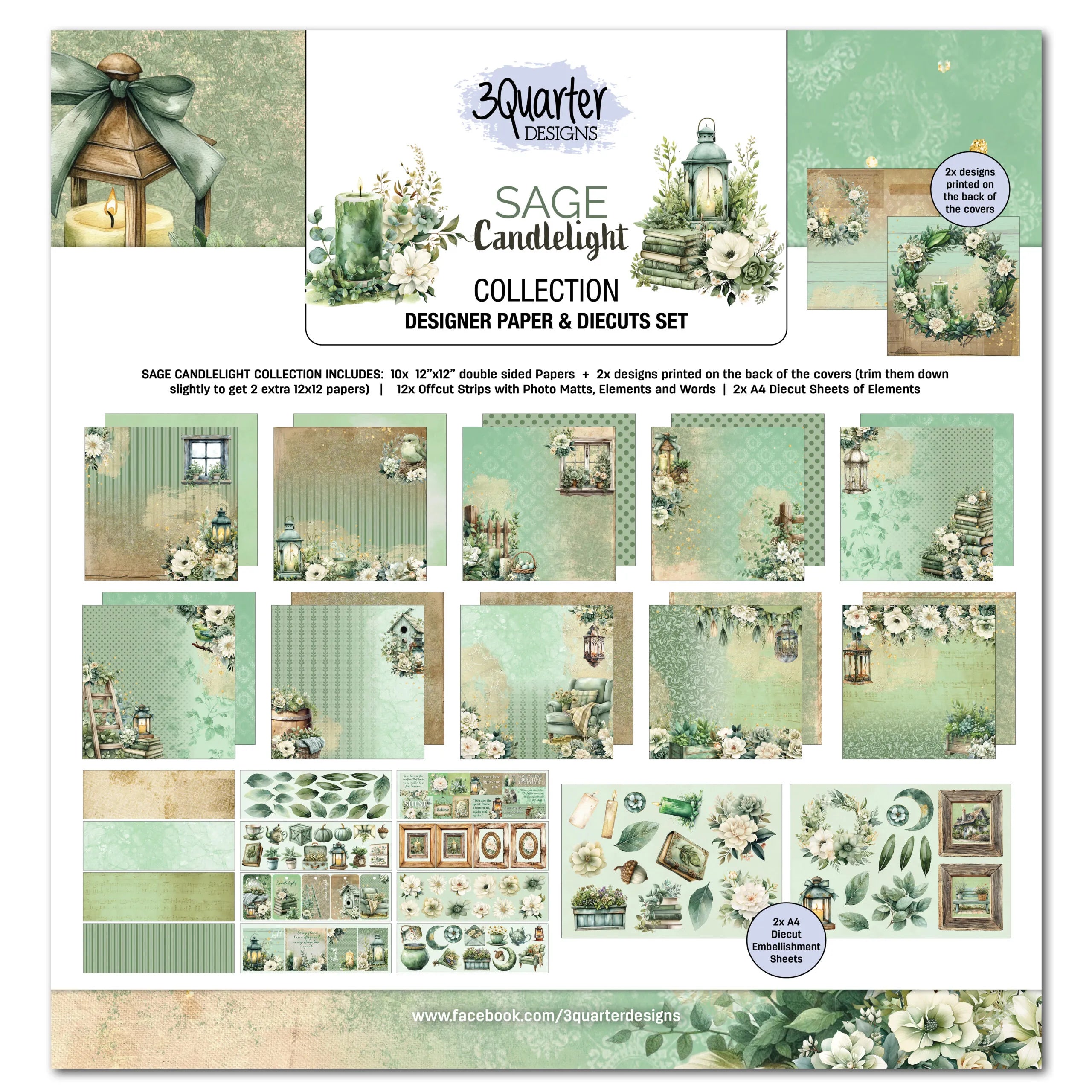 3 Quarter Designs - Sage Candlelight Collection Designer Paper & Diecuts Set
