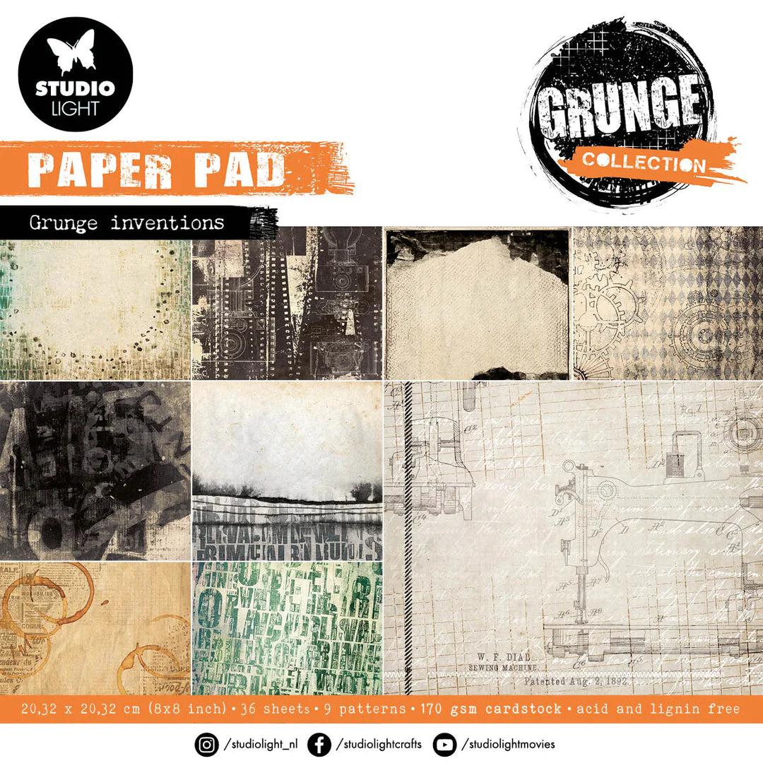 Studio Light Grunge Collection Mixed Paper Pad - Grunge Inventions Papers 8 x 8