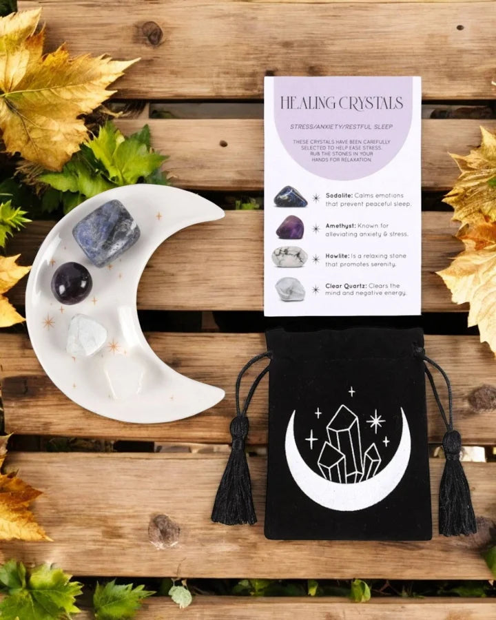 Stress Healing Crystal Set with Moon Trinket Dish 