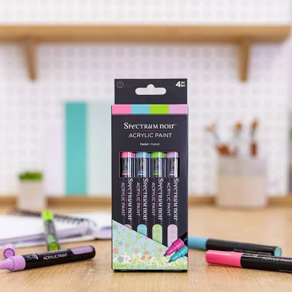 These premium acrylic paint markers offer rich, opaque coverage on a wide range of surfaces. Perfect for creative hobbies, customization projects and general decor. These markers are water-soluble, 3mm fine tip, certified non-toxic. Package contains four Spectrum Noir Acrylic Paint Markers in rose, aqua, lime and lilac.